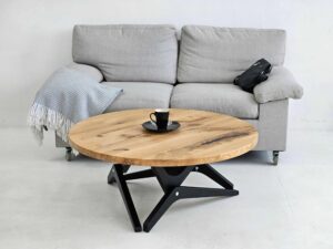 Round Oak Transformer Table with Epoxy Resin – 2-in-1 Adjustable Height Coffee & Dining Table
